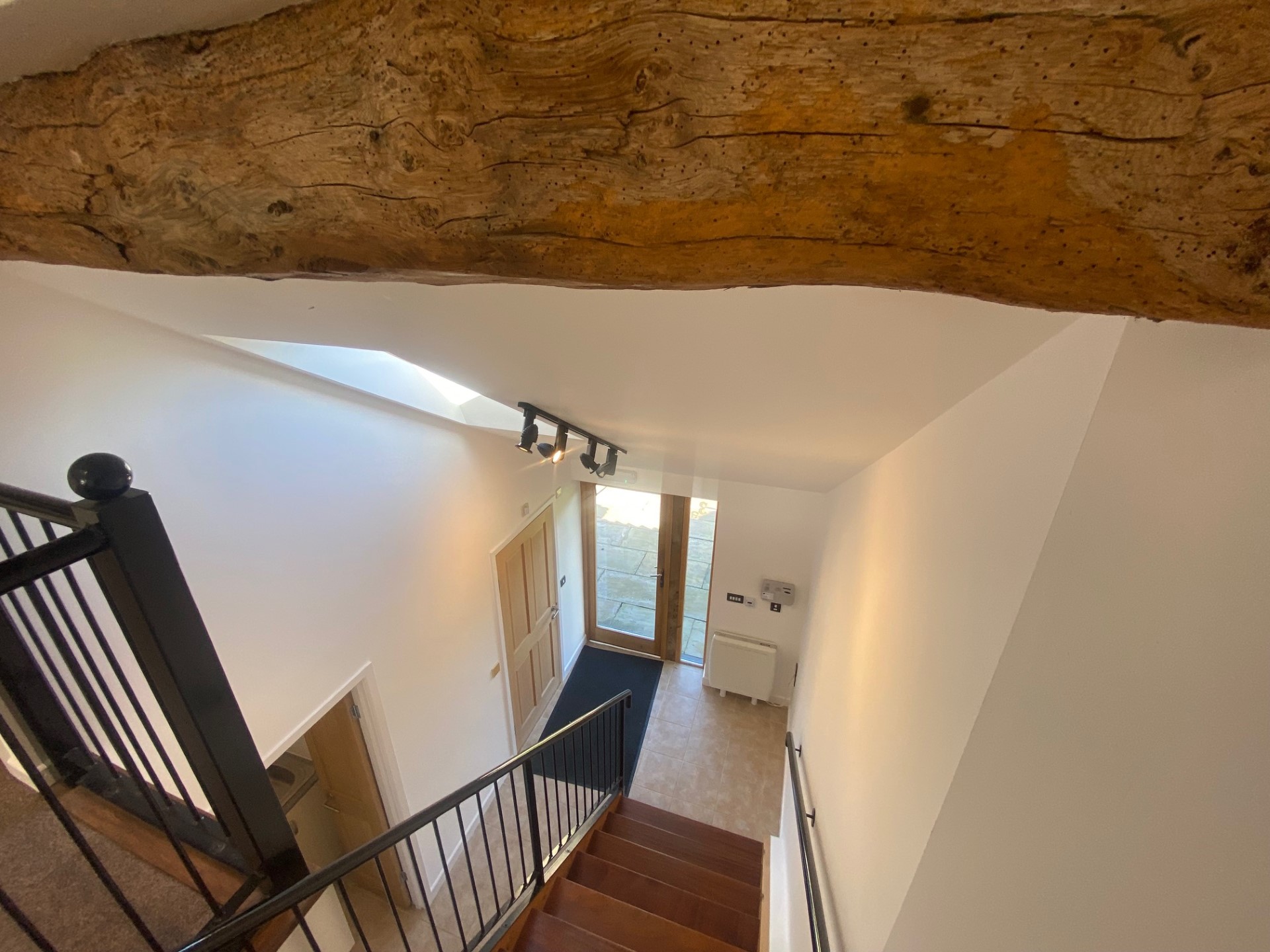 Looking down over the hallway.